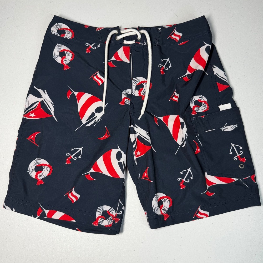 J.Crew‎ Flex Swim Trunks Men's 29 Navy Blue Sailboat Anchor Print Stretch Swim